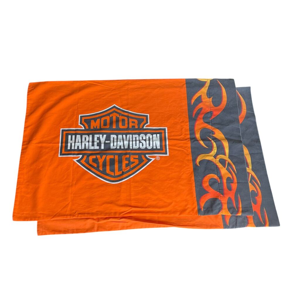 Vintage Y2K Harley Davidson Pillowcases 2pc Orange Black Tribal Flame Logo
